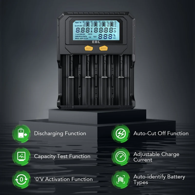 EBL PD4 4-Slot 18650 Battery Charger with LCD, Discharge & Capacity Test, USB-C Input