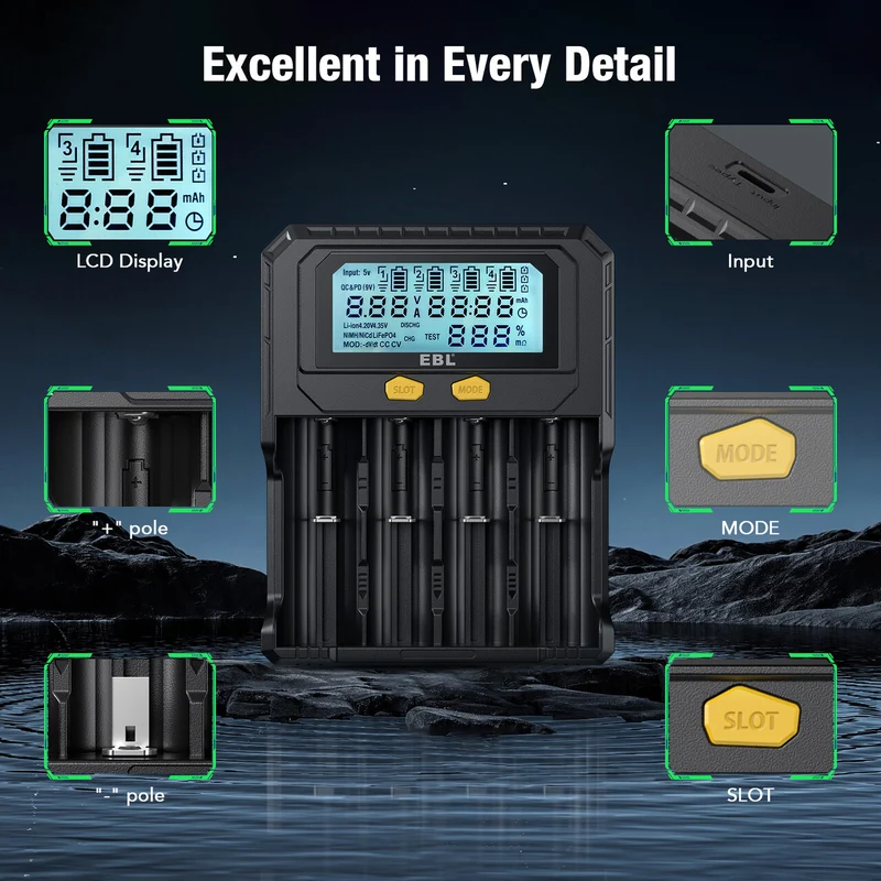 EBL PD4 4-Slot 18650 Battery Charger with LCD, Discharge & Capacity Test, USB-C Input
