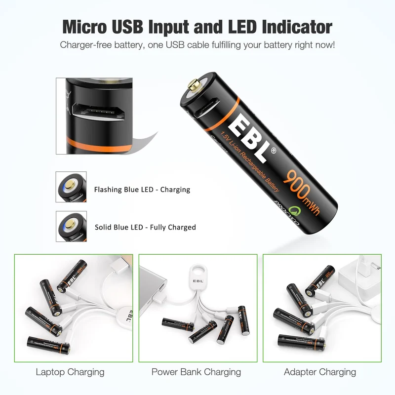 EBL 4Pcs 1.5V AAA USB Rechargeable Li-ion Batteries 900mWh