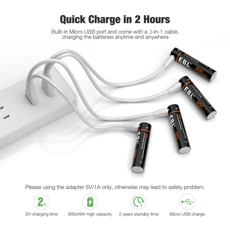 EBL 4Pcs 1.5V AAA USB Rechargeable Li-ion Batteries 900mWh