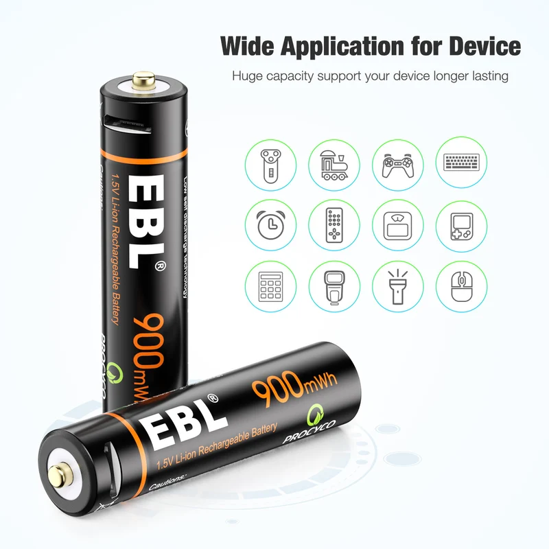 EBL 4Pcs 1.5V AAA USB Rechargeable Li-ion Batteries 900mWh