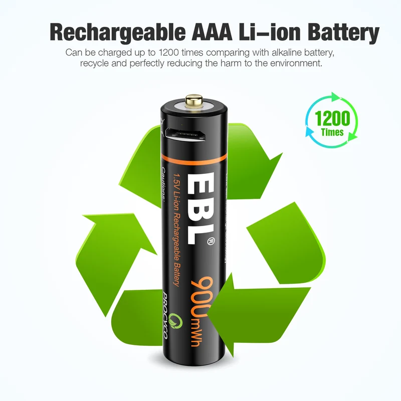 EBL 4Pcs 1.5V AAA USB Rechargeable Li-ion Batteries 900mWh