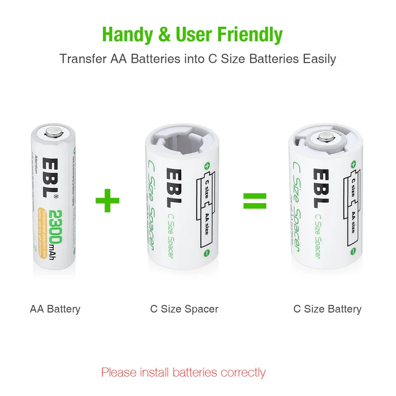 EBL AA to C and D Size Battery Spacer Converter Case