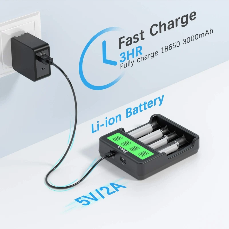 POWXS Lithium Battery Charger with 18650 Li-ion Batteries
