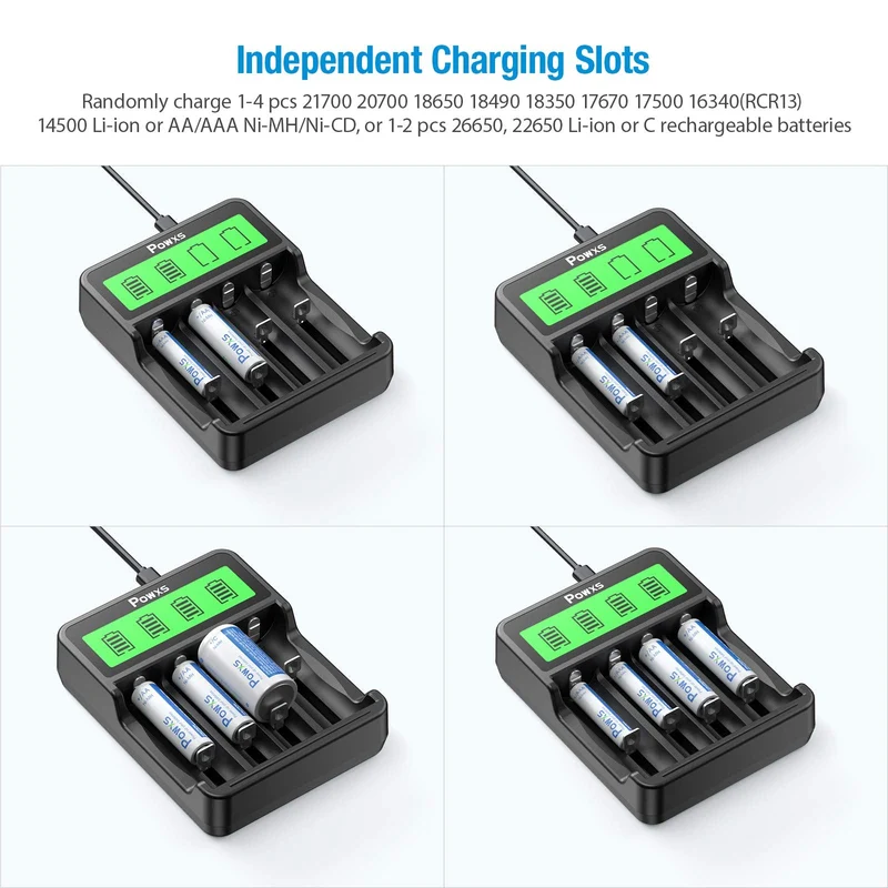 POWXS Lithium Battery Charger with 18650 Li-ion Batteries