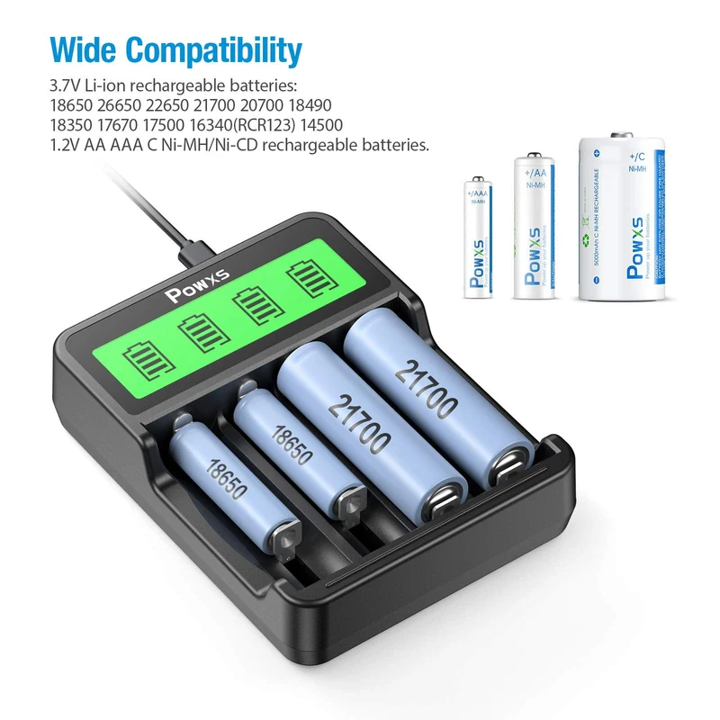 POWXS Lithium Battery Charger with 18650 Li-ion Batteries