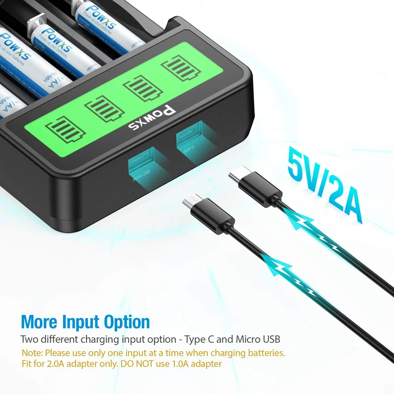 POWXS Lithium Battery Charger with 18650 Li-ion Batteries