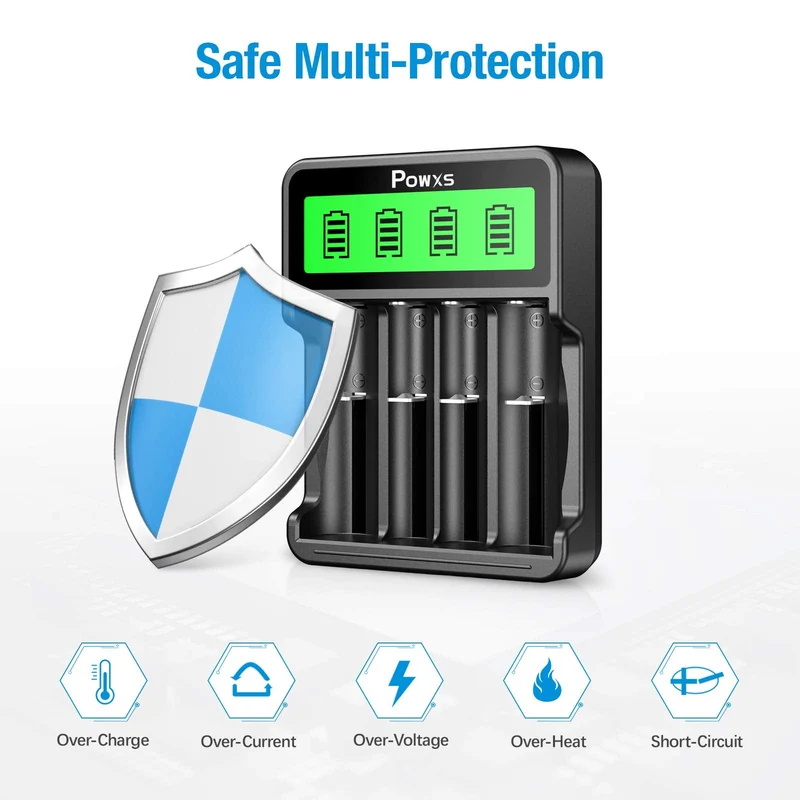 POWXS Lithium Battery Charger with 18650 Li-ion Batteries