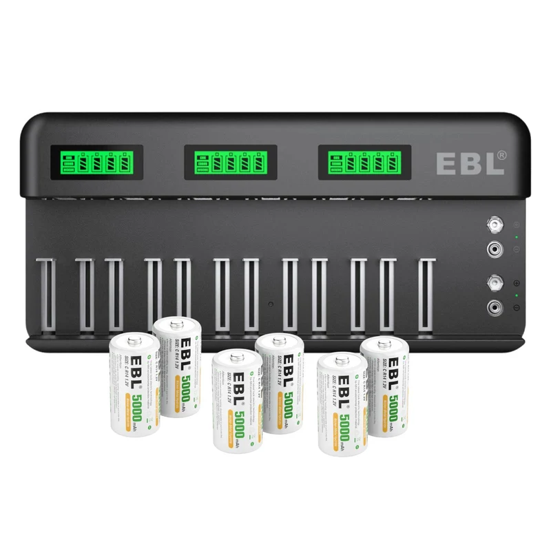 EBL 12+2 Bay Universal Battery Charger and 1.2V C D Ni-MH Rechargeable Batteries