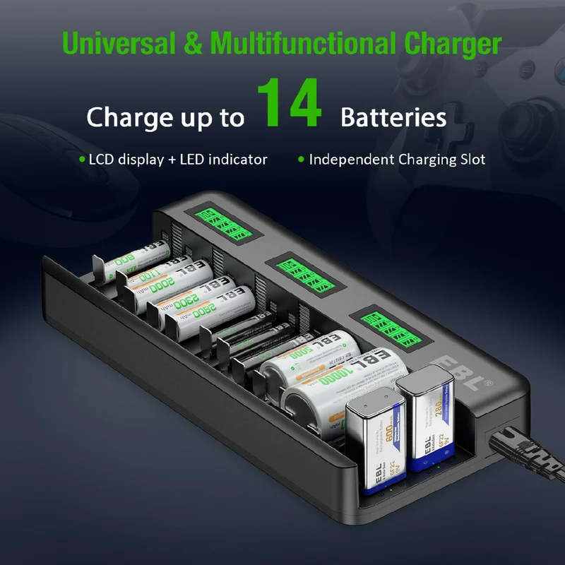 EBL 12+2 Bay Universal Battery Charger and 1.2V AA AAA Ni-Mh Rechargeable Batteries
