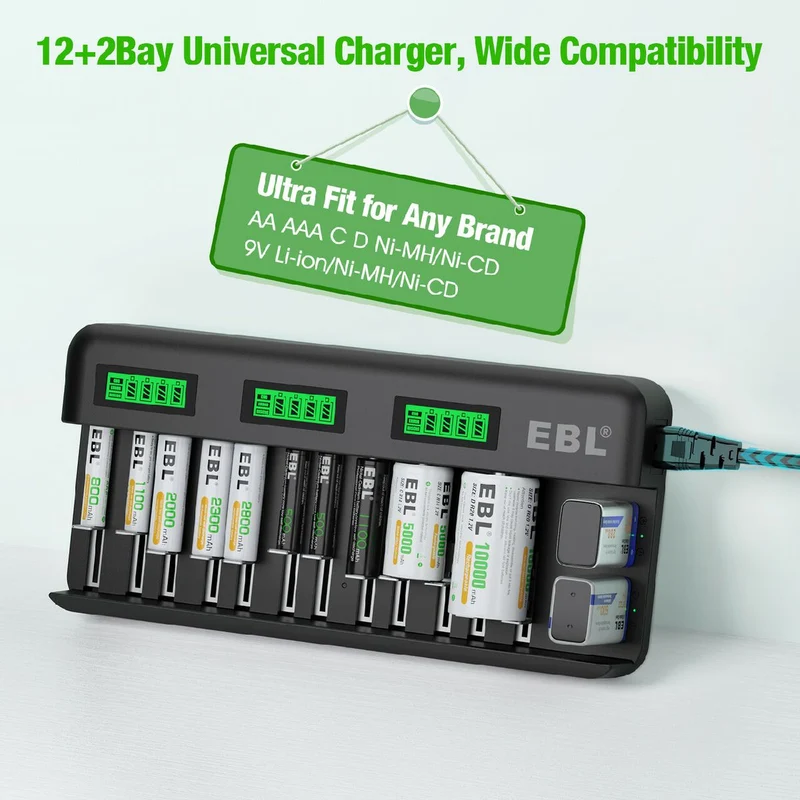 EBL 12+2 Bay Universal Battery Charger and AA AAA C D Ni-Mh Rechargeable Batteries
