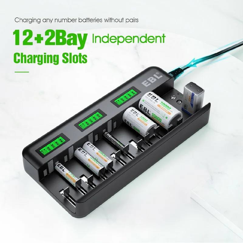 EBL 12+2 Bay Universal Battery Charger and AA AAA C D Ni-Mh Rechargeable Batteries