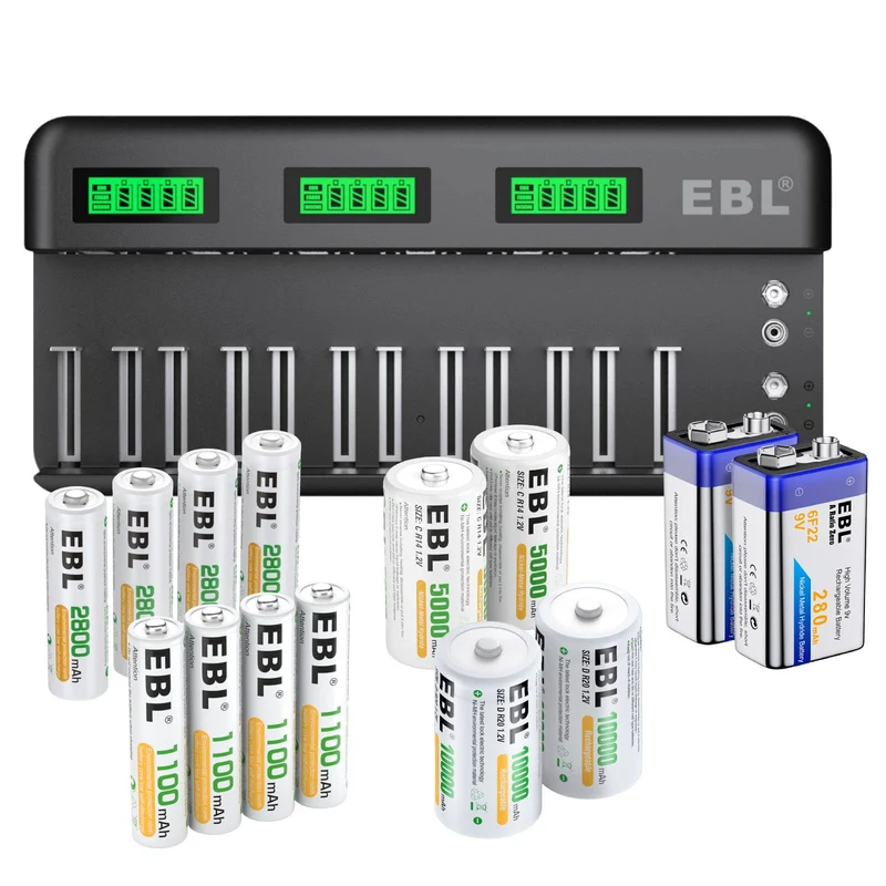 EBL 12+2 Bay Universal Battery Charger and AA AAA C D 9V Rechargeable Batteries