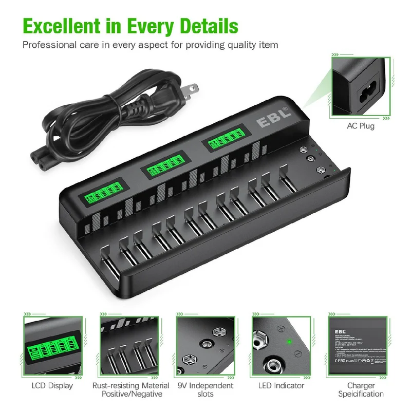 EBL 12+2 Bay Universal Battery Charger and AA AAA C D 9V Rechargeable Batteries