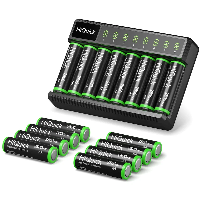 HiQuick 8 Bay Smart Battery Charger with AA & AAA Rechargeable Batteries