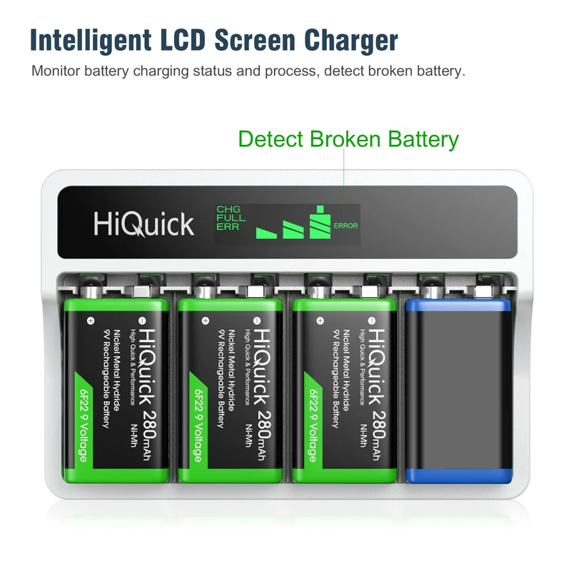 HiQuick 4 Bay LCD 9V Charger for 9V NiMH NiCD Li-ion Rechargeable Batteries