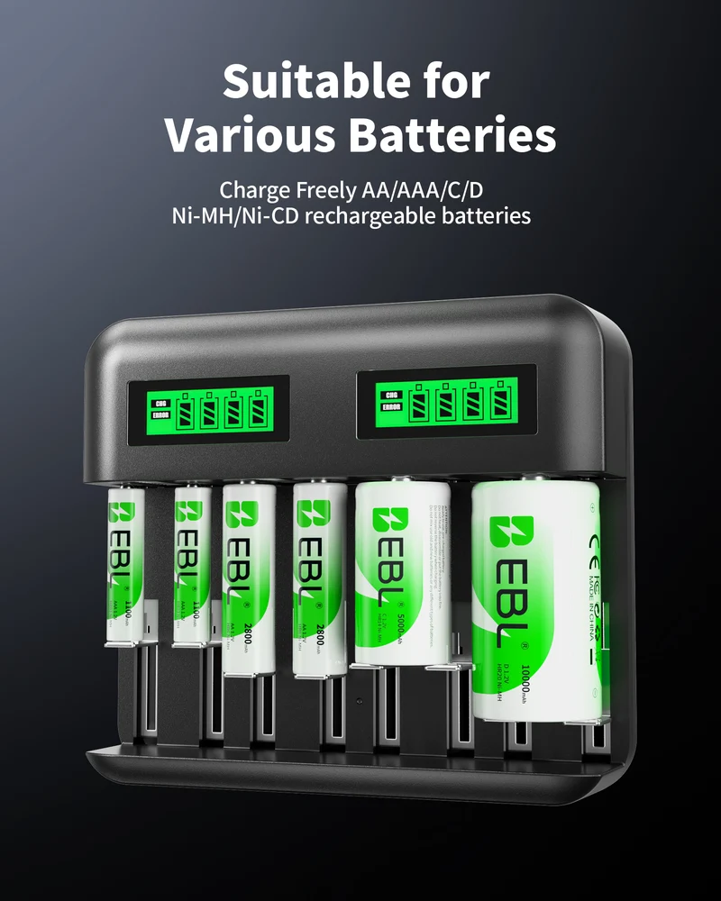EBL C9008 LCD Battery Charger with AA AAA C D Ni-Mh Rechargeable Batteries