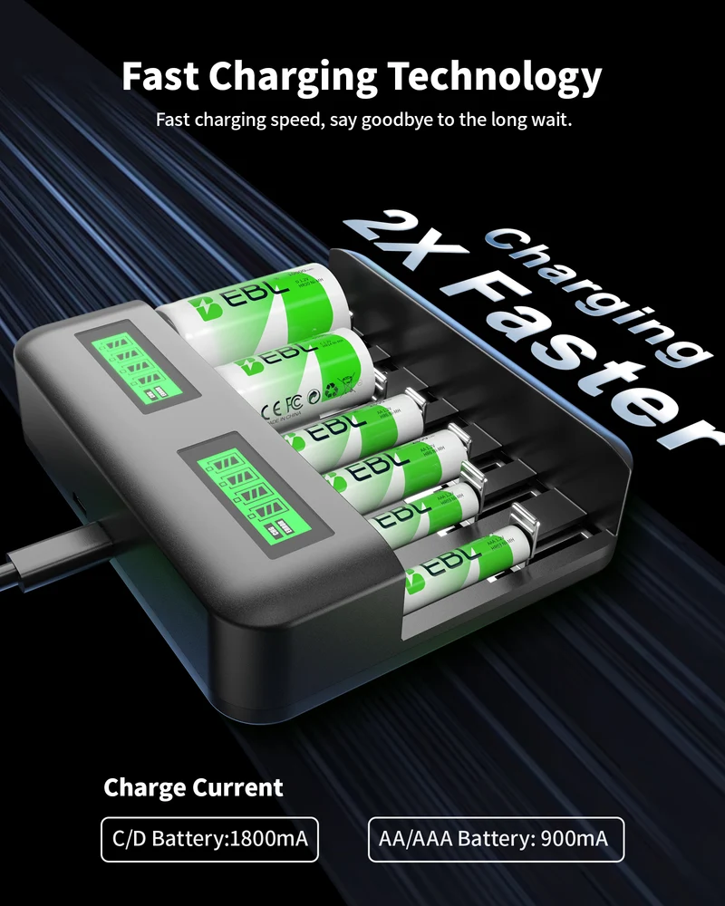 EBL C9008 LCD Battery Charger with AA AAA C D Ni-Mh Rechargeable Batteries