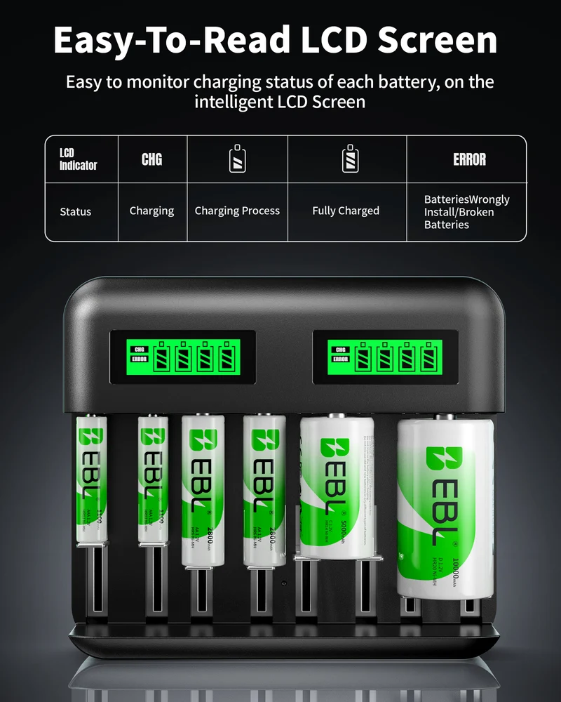 EBL C9008 LCD Battery Charger with AA AAA C D Ni-Mh Rechargeable Batteries