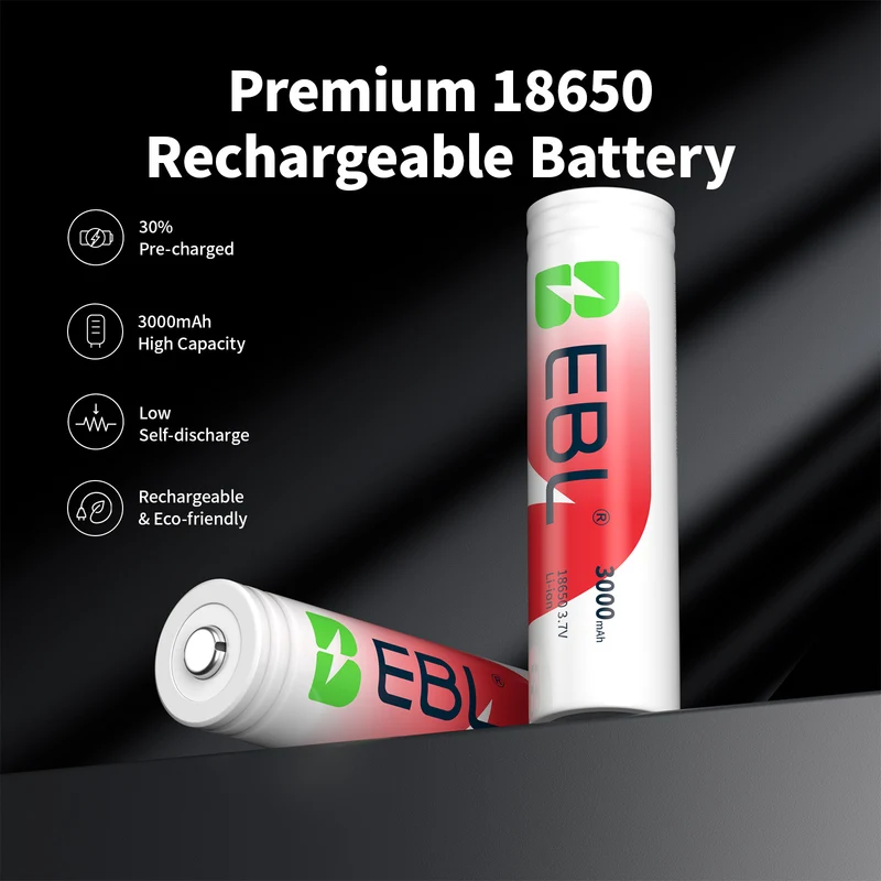 EBL 18650 3000mAh Rechargeable Li-ion Batteries, Protected Button Top