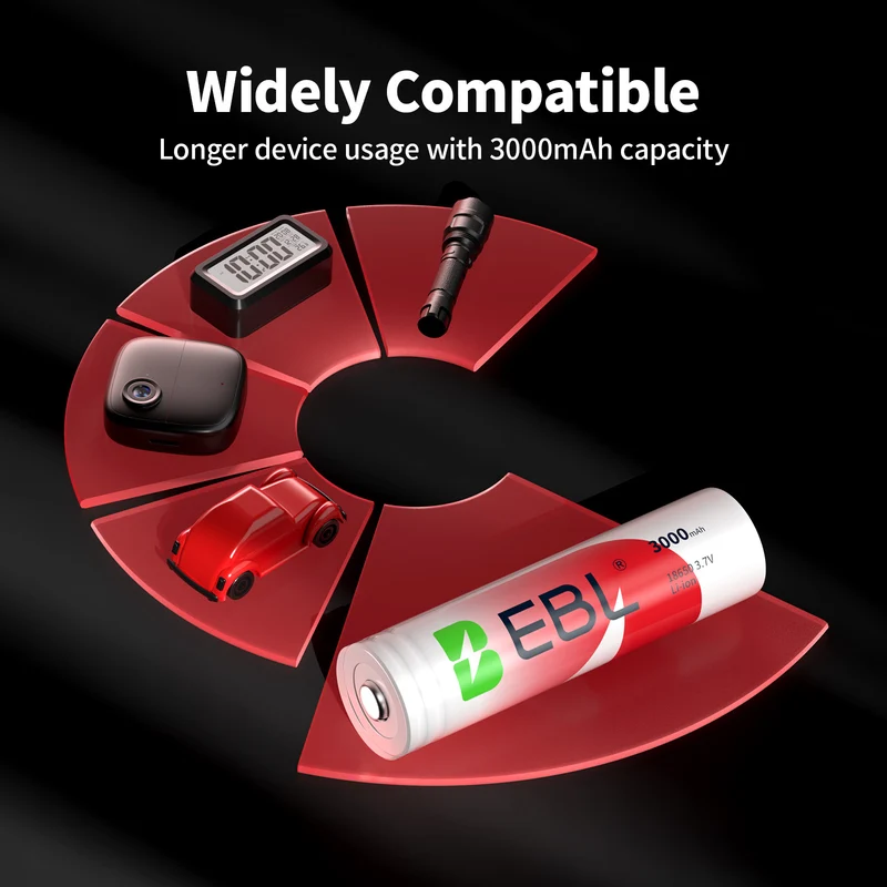 EBL 18650 3000mAh Rechargeable Li-ion Batteries, Protected Button Top