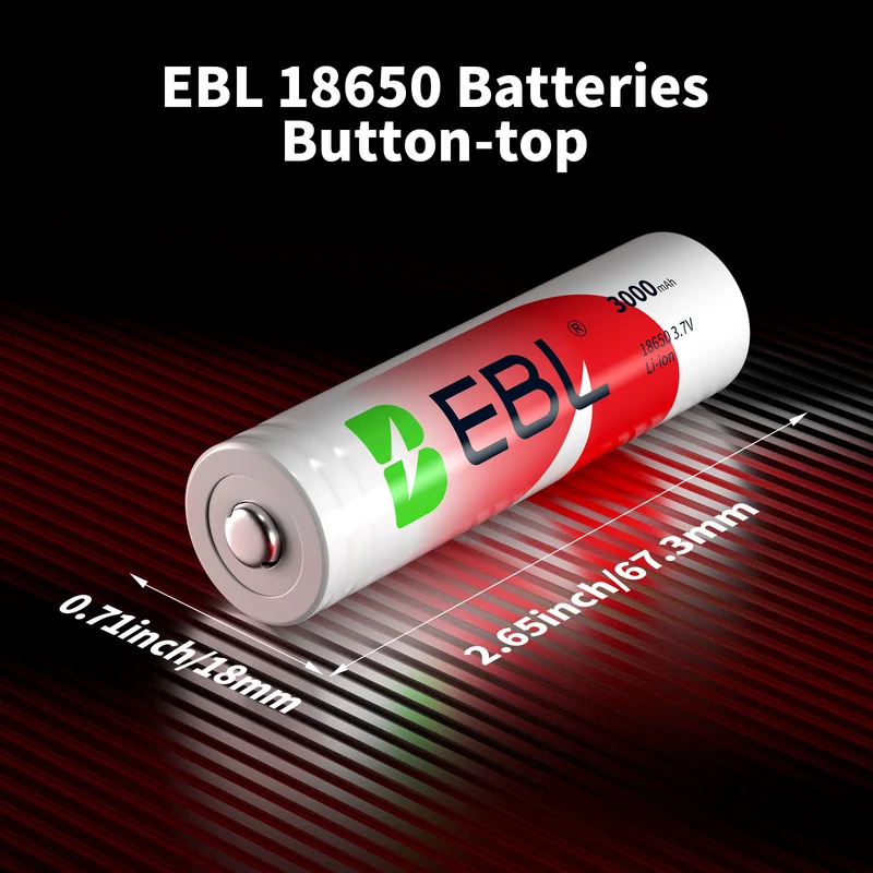 EBL 18650 3000mAh Rechargeable Li-ion Batteries, Protected Button Top