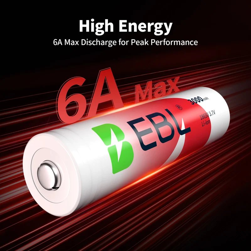 EBL 18650 3000mAh Rechargeable Li-ion Batteries, Protected Button Top