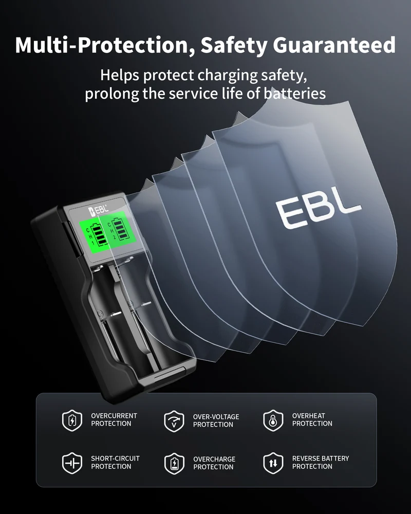 EBL Universal 18650 Battery Charger for 3.7V Li-ion 26650 22650 18490 18350 17670 17500 16340 14500 Batteries and AA AAA NiMH NiCd Rechargeable Batteries with LCD Display for Flashlight Headlamp Camera RC Toys