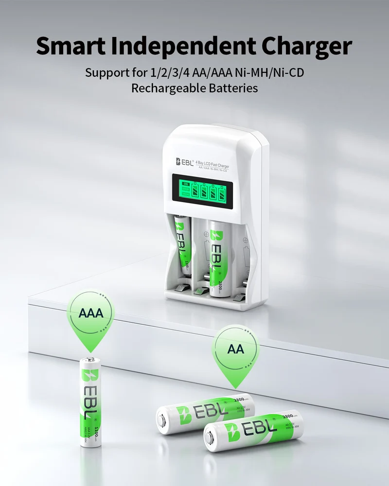 EBL Rechargeable AA AAA Batteries with 907 Individual Battery Charger