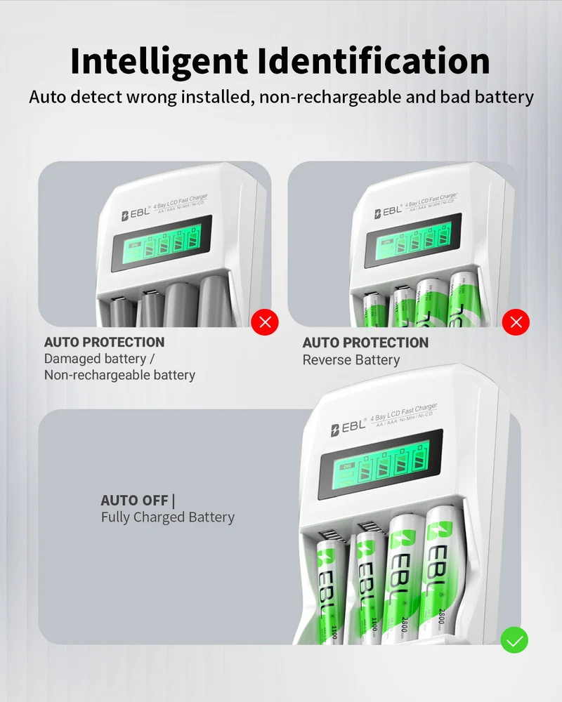 EBL Rechargeable AA AAA Batteries with 907 Individual Battery Charger