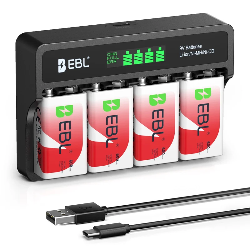 EBL 4 Packs 9V Ni-Mh/Li-Ion Batteries with M7015 Battery Charger