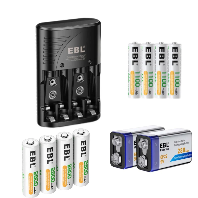 EBL Universal Smart Battery Charger Kit with AA AAA and 9V Rechargeable Batteries (4 AA, 4 AAA and 2 9V) for Camera Flashlight Remote Control Xbox Controller Toys and Household Devices