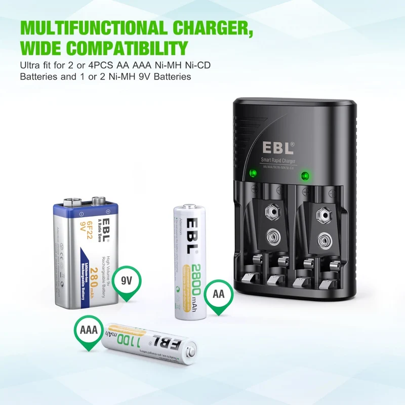 EBL Universal Smart Battery Charger Kit with AA AAA and 9V Rechargeable Batteries (4 AA, 4 AAA and 2 9V) for Camera Flashlight Remote Control Xbox Controller Toys and Household Devices