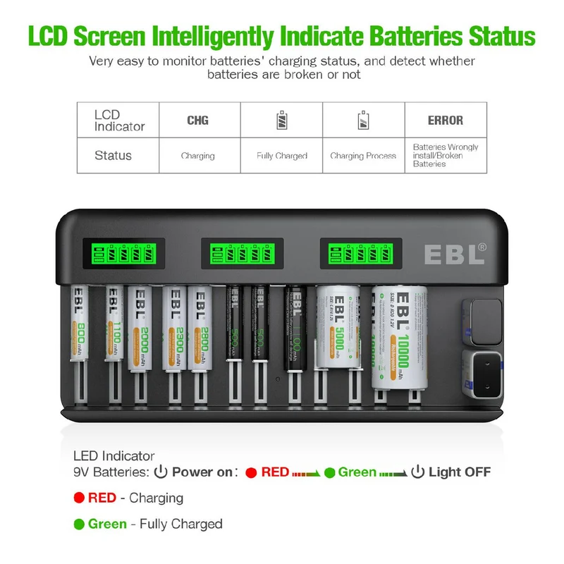 EBL 12+2 Bay Universal Battery Charger for AA AAA C D 9V NiMH NiCd Rechargeable Batteries
