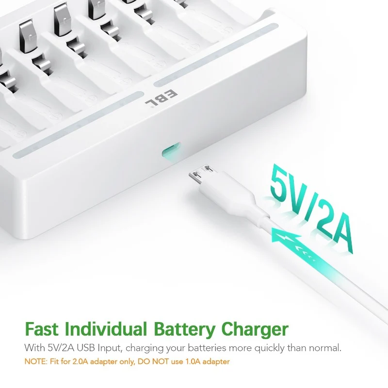 EBL AA and AAA Rechargeable Batteries with 8-Bay Individual Battery Charger
