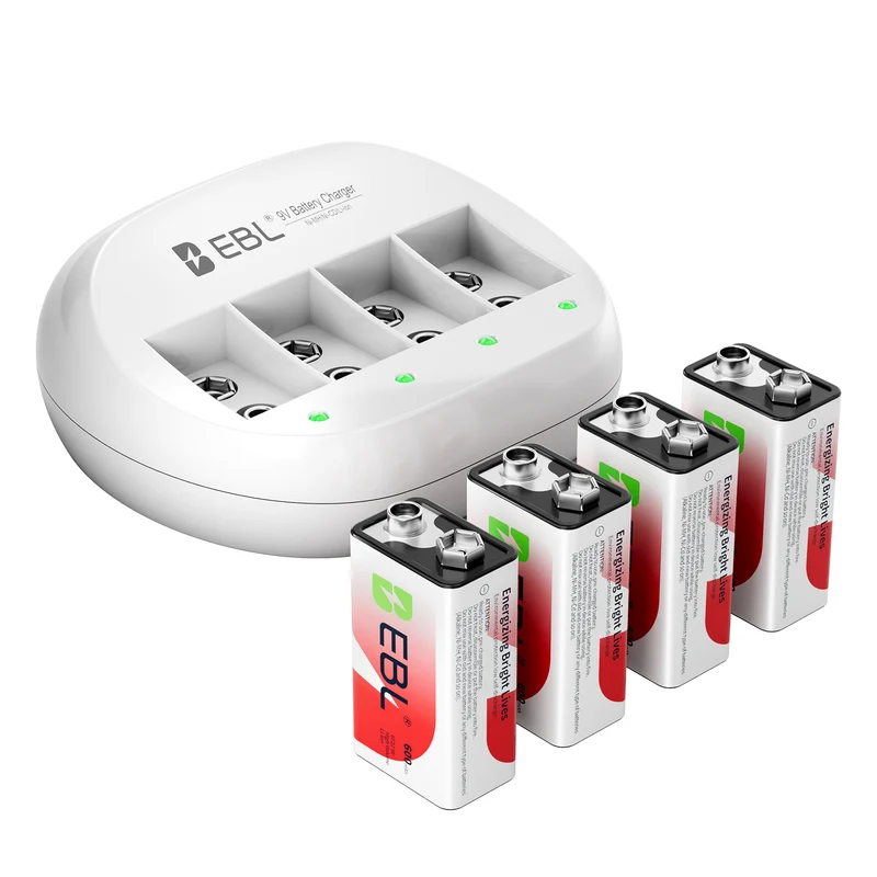 EBL 4 Packs 600mAh 9V Li-ion Batteries with 4 Bay 9V Charger