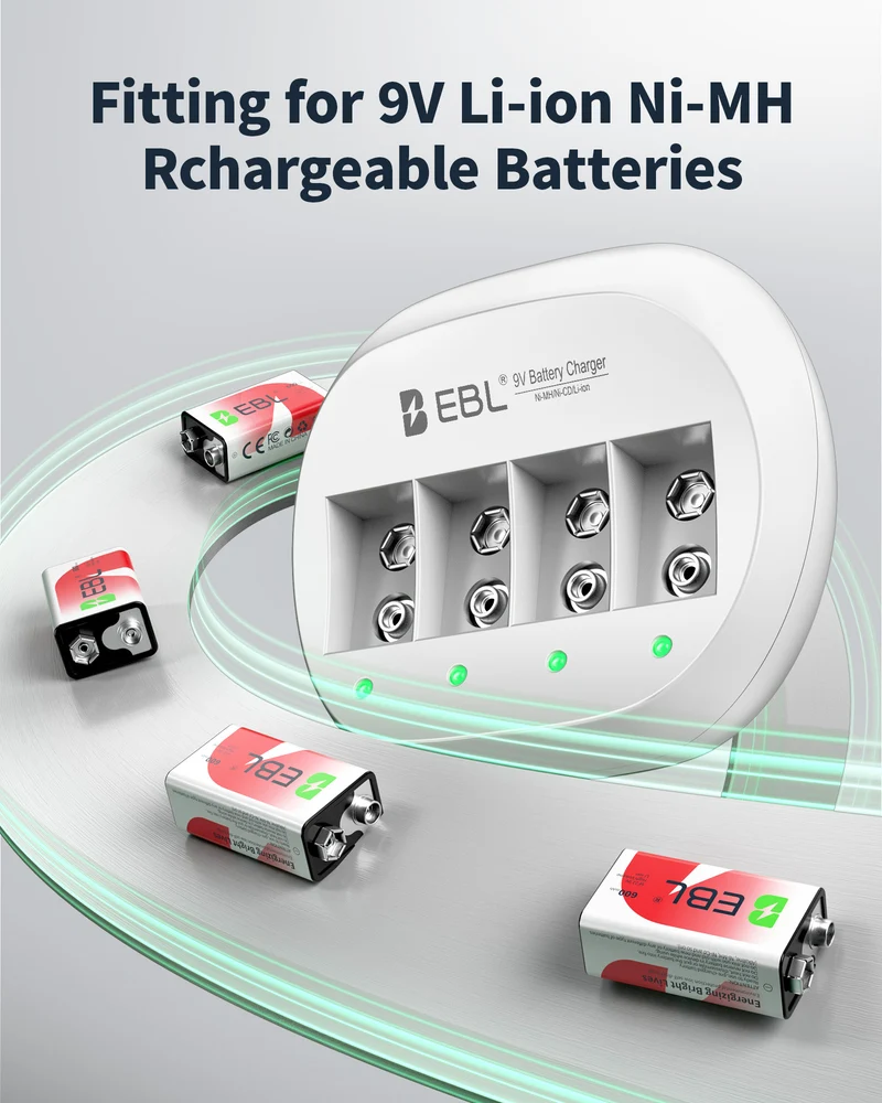 EBL 4 Packs 600mAh 9V Li-ion Batteries with 4 Bay 9V Charger