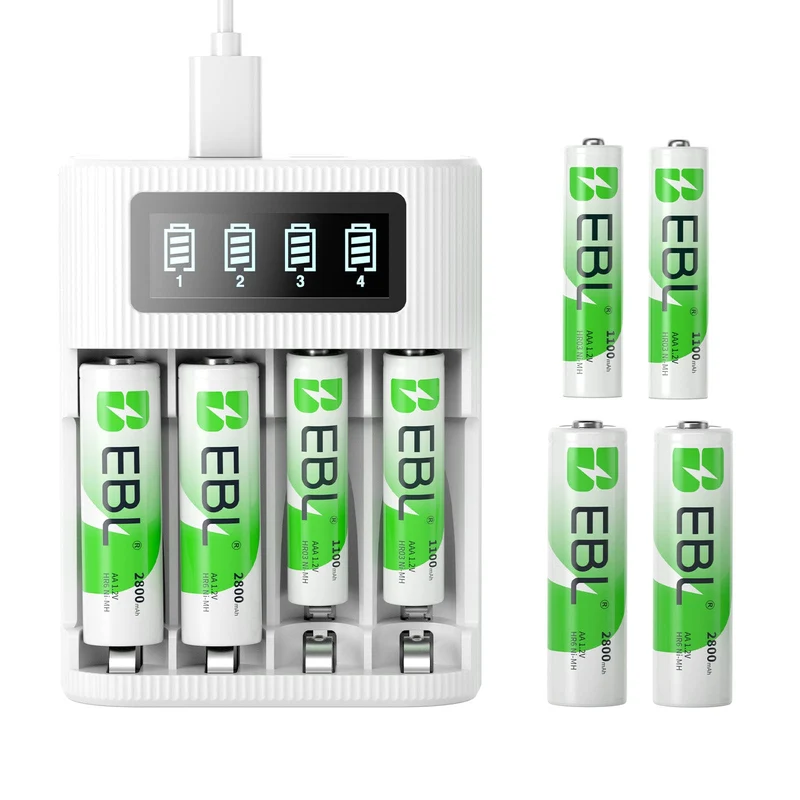 EBL AA AAA Rechargeable Batteries with FY-409 4-Bay Individual LCD Charger