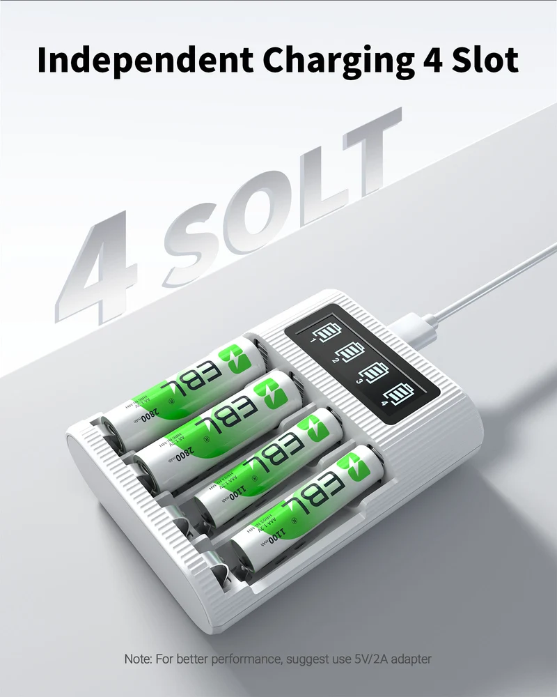 EBL AA AAA Rechargeable Batteries with FY-409 4-Bay Individual LCD Charger
