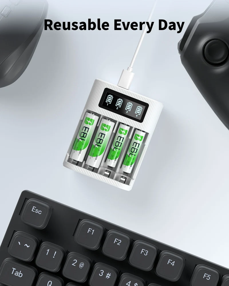 EBL AA AAA Rechargeable Batteries with FY-409 4-Bay Individual LCD Charger