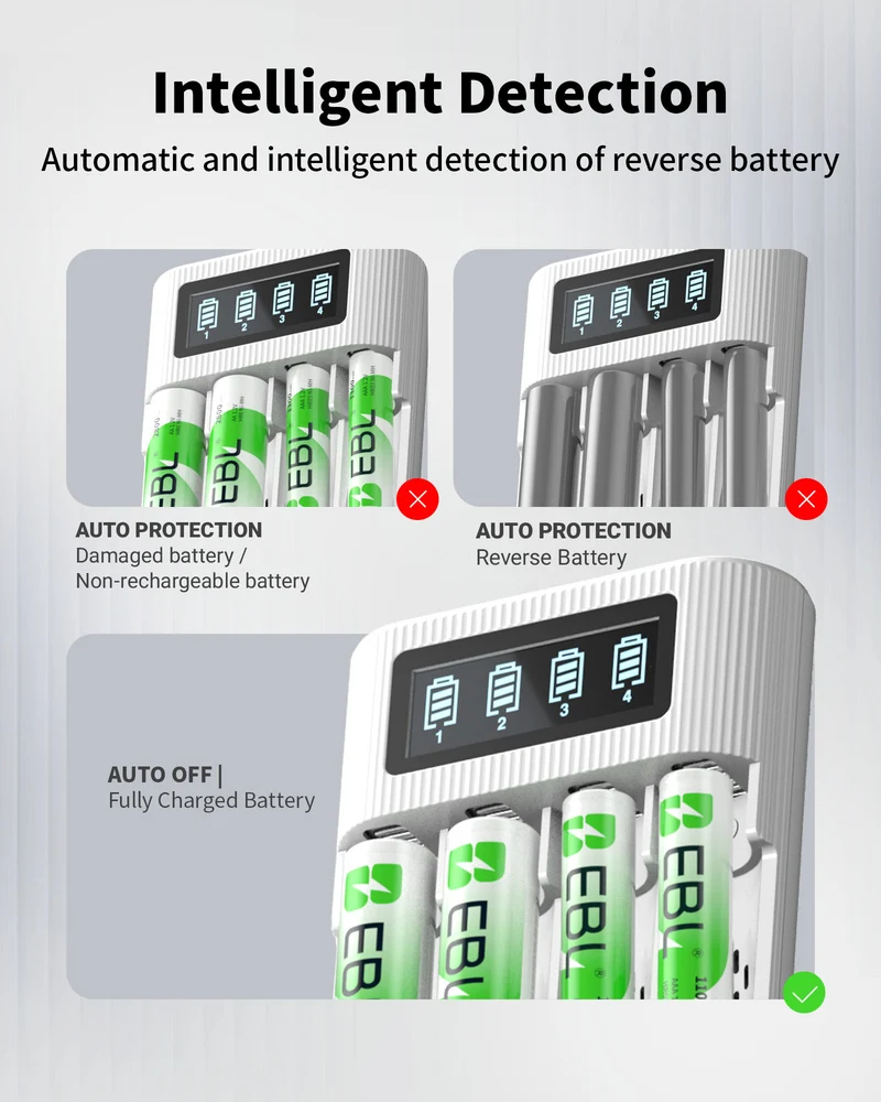EBL AA AAA Rechargeable Batteries with FY-409 4-Bay Individual LCD Charger