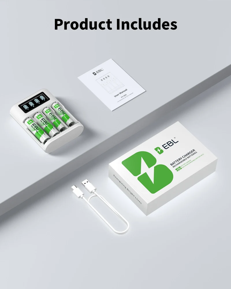 EBL AA AAA Rechargeable Batteries with FY-409 4-Bay Individual LCD Charger
