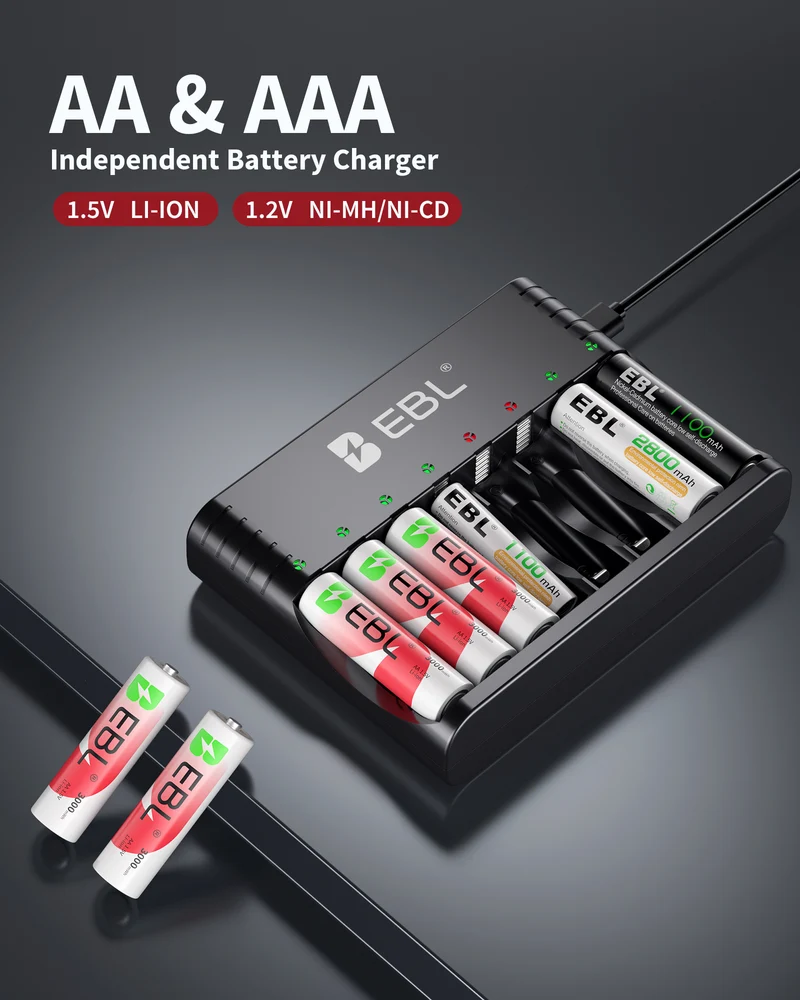 EBL 1.5V Rechargeable Lithium AA Batteries with Charger for Cameras, Toys and Game Controllers