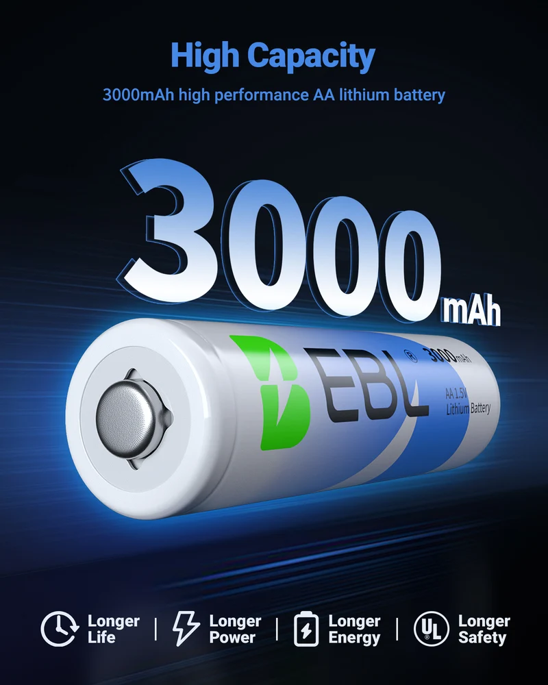 EBL 1.5V AA Lithium Batteries 3000mAh, Non-Rechargeable Batteries for Cameras, Flashlights & Outdoor Gear
