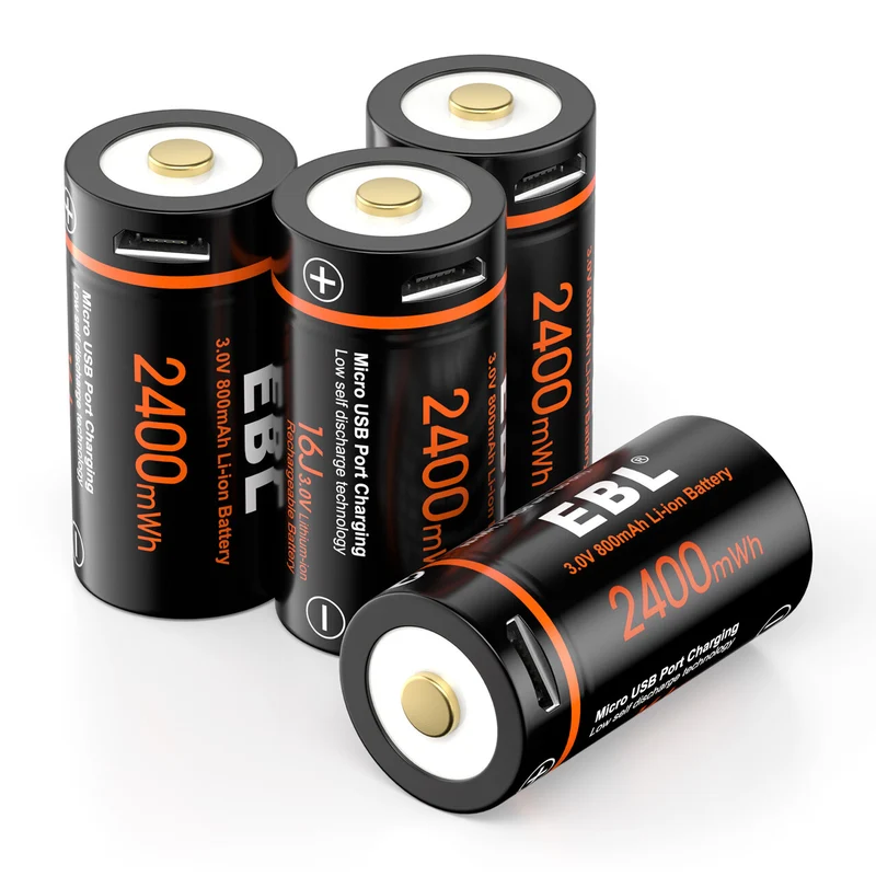 EBL 4-Pack CR123A 3V Rechargeable Lithium Batteries 2400mWh with Micro USB Cable for Cameras, Flashlights & Security Systems