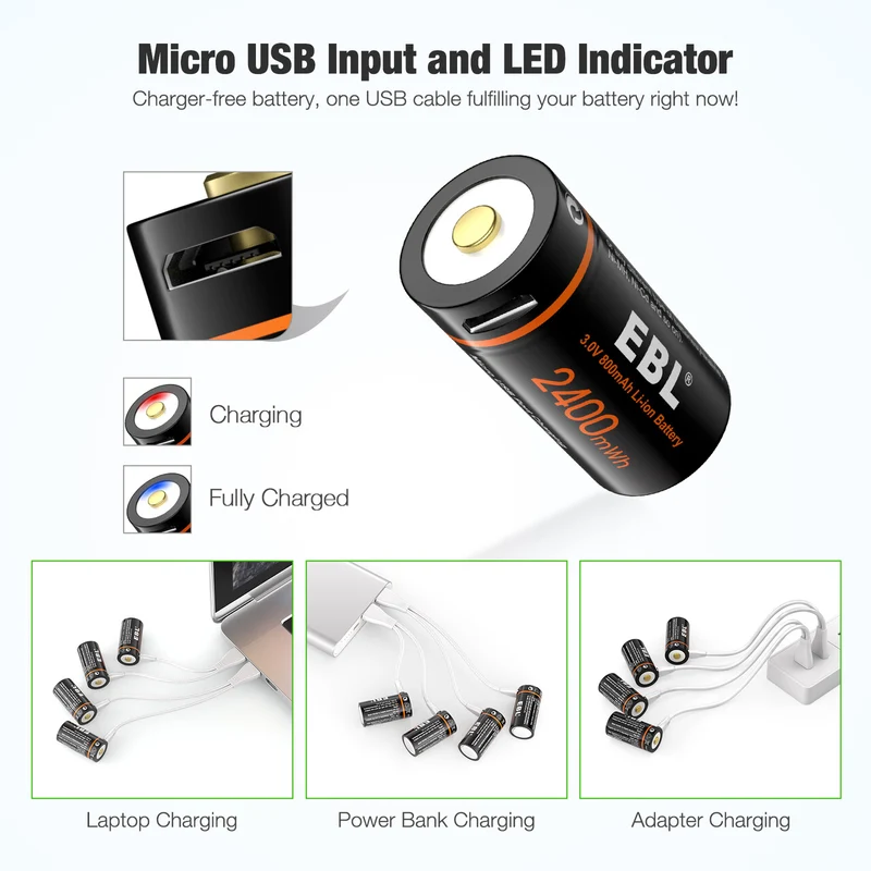 EBL 4-Pack CR123A 3V Rechargeable Lithium Batteries 2400mWh with Micro USB Cable for Cameras, Flashlights & Security Systems