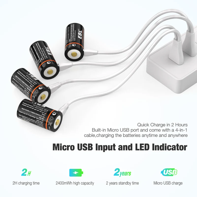 EBL 4-Pack CR123A 3V Rechargeable Lithium Batteries 2400mWh with Micro USB Cable for Cameras, Flashlights & Security Systems