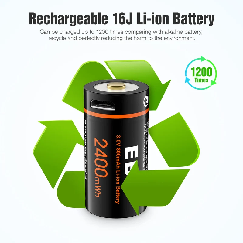 EBL 4-Pack CR123A 3V Rechargeable Lithium Batteries 2400mWh with Micro USB Cable for Cameras, Flashlights & Security Systems