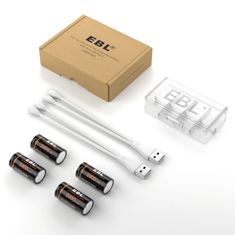EBL 4-Pack CR123A 3V Rechargeable Lithium Batteries 2400mWh with Micro USB Cable for Cameras, Flashlights & Security Systems