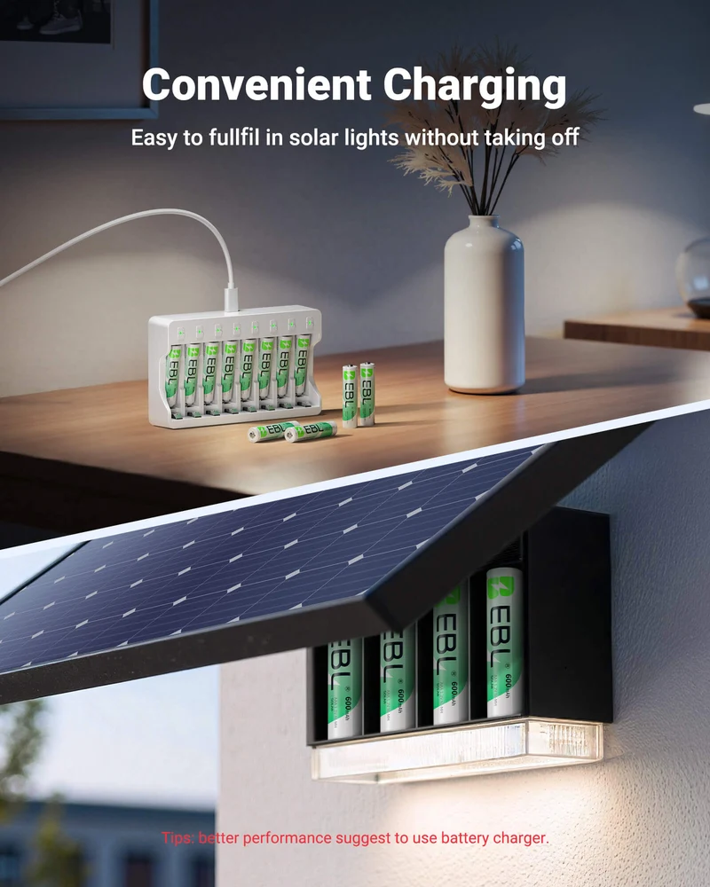 EBL 1.2V NiMH AAA Rechargeable Batteries 600mAh for Solar Lights